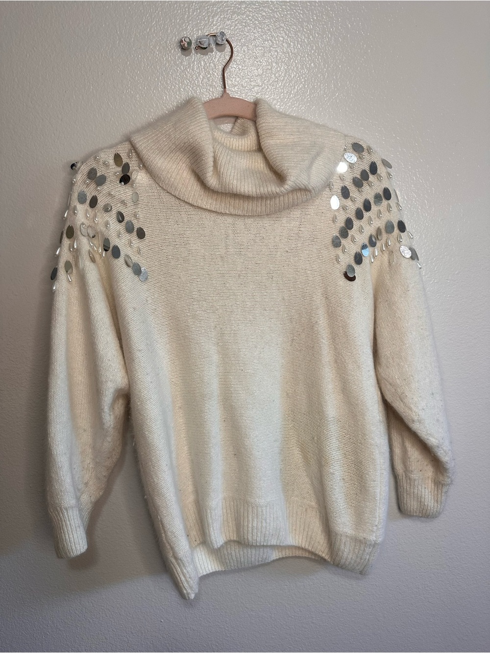 Vintage Marnie West Cozy Cream Sequin Shoulder Turtleneck Sweater